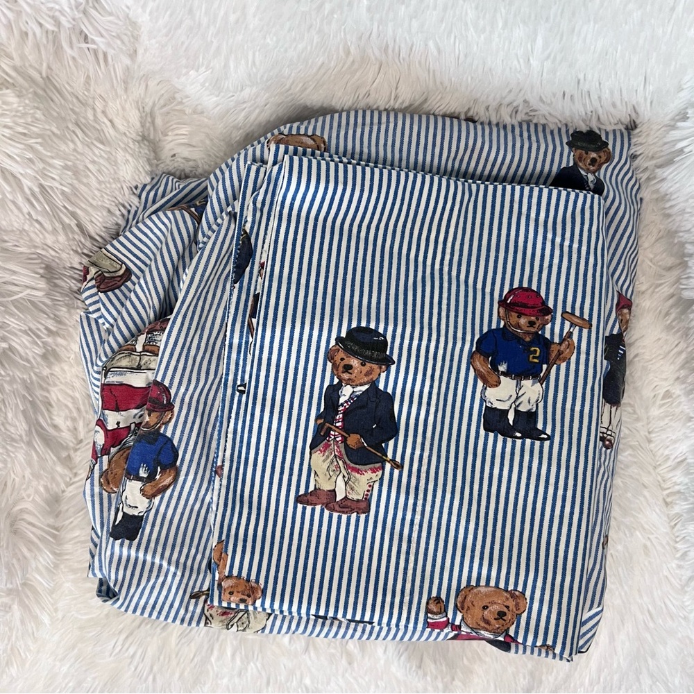 Ralph Lauren Polo Teddy Bear blue stripe twin sheet set
